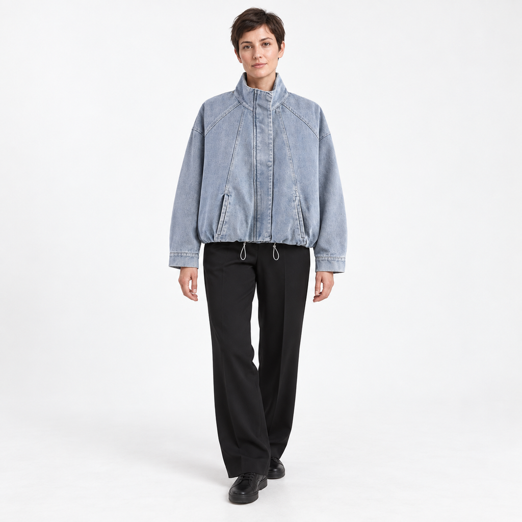 Fashion Versatile  Stand-Collar Denim Bomber Jacket — denim — front — studio 4-1
