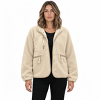 Women's woolen fleece button-down casual sport jacket — Light khaki — front — studio 8-1