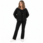 Women's woolen fleece button-down casual sport jacket — Black — front — studio 8-3