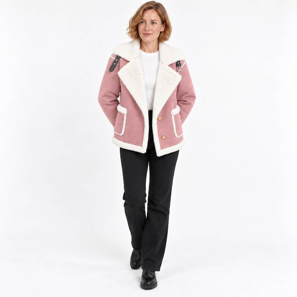 Autumn Winter Fashion Lapel Plush Jacket Fur Coat — Pink — front — studio 30-3
