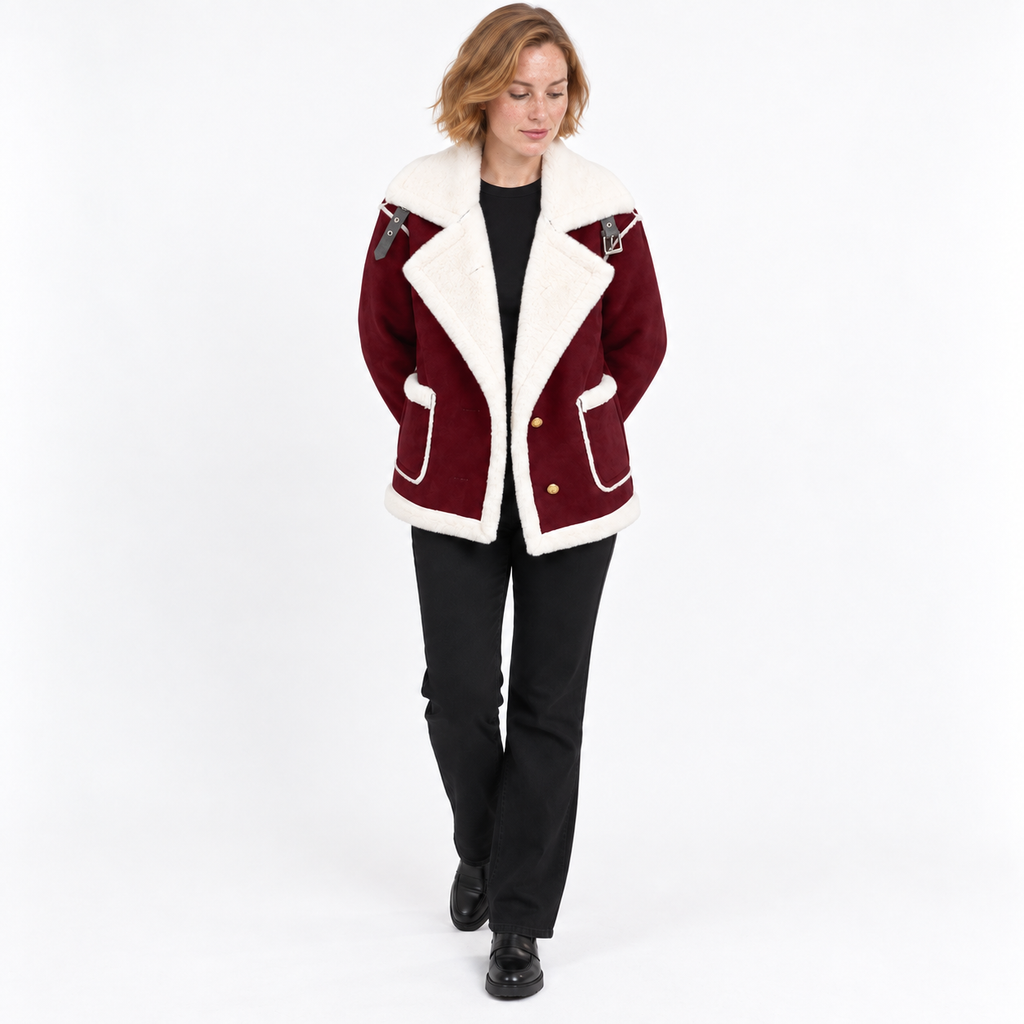 Autumn Winter Fashion Lapel Plush Jacket Fur Coat — Crimson — front — studio 30-5
