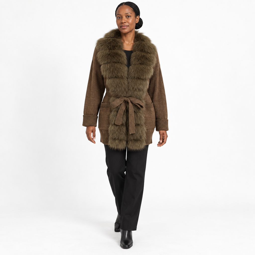 Women's Pocket-Style Knitwear with Real Fox Fur Collar and Tie Slim-Fit Coat — Coffee + light coffee — front — studio 28-1