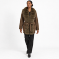 Women's Pocket-Style Knitwear with Real Fox Fur Collar and Tie Slim-Fit Coat — Coffee + light coffee — front — studio 28-1