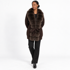 Women's Pocket-Style Knitwear with Real Fox Fur Collar and Tie Slim-Fit Coat — Dark coffee+  dark coffee — front — studio 28-2