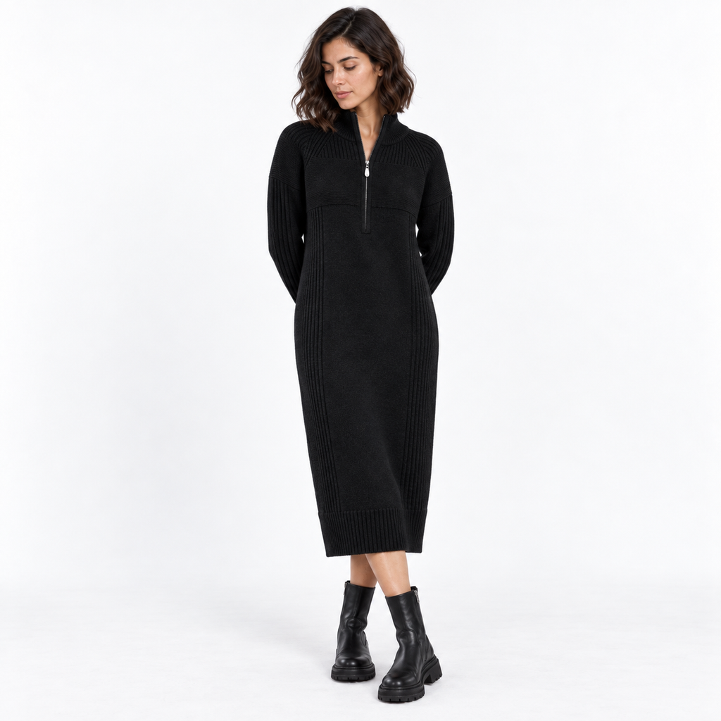 Half-Zip Knitted Sweater Dress — Black — front — studio 43-2