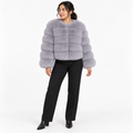 Leather-like fur coat, faux fox fur coat — Light gray — front — studio 32-1