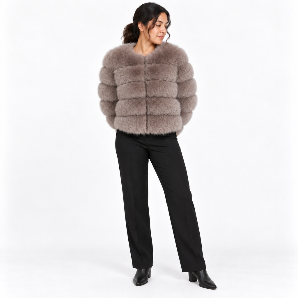 Leather-like fur coat, faux fox fur coat — Khaki — front — studio 32-2