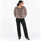 Leather-like fur coat, faux fox fur coat — Khaki — front — studio 32-2