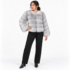 Leather-like fur coat, faux fox fur coat — Natural color — front — studio 32-4