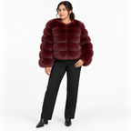 Leather-like fur coat, faux fox fur coat — Wine Red — front — studio 32-5